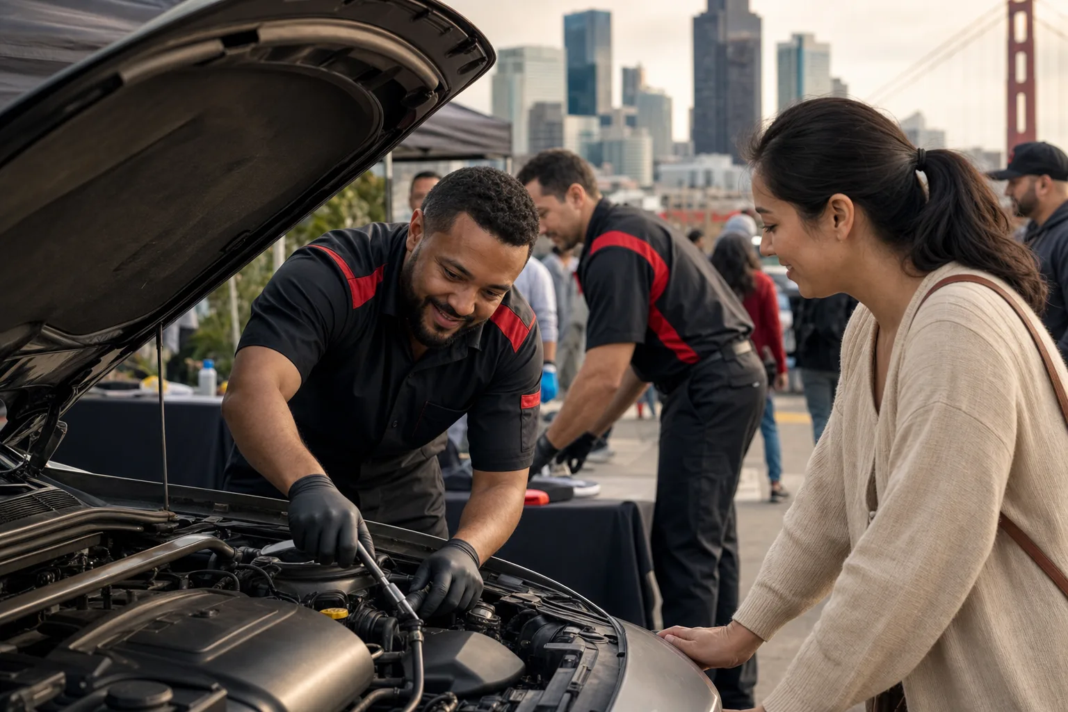 weatheringx technicians providing vehicle safety checks at a local community event in San Francisco, 1200x800