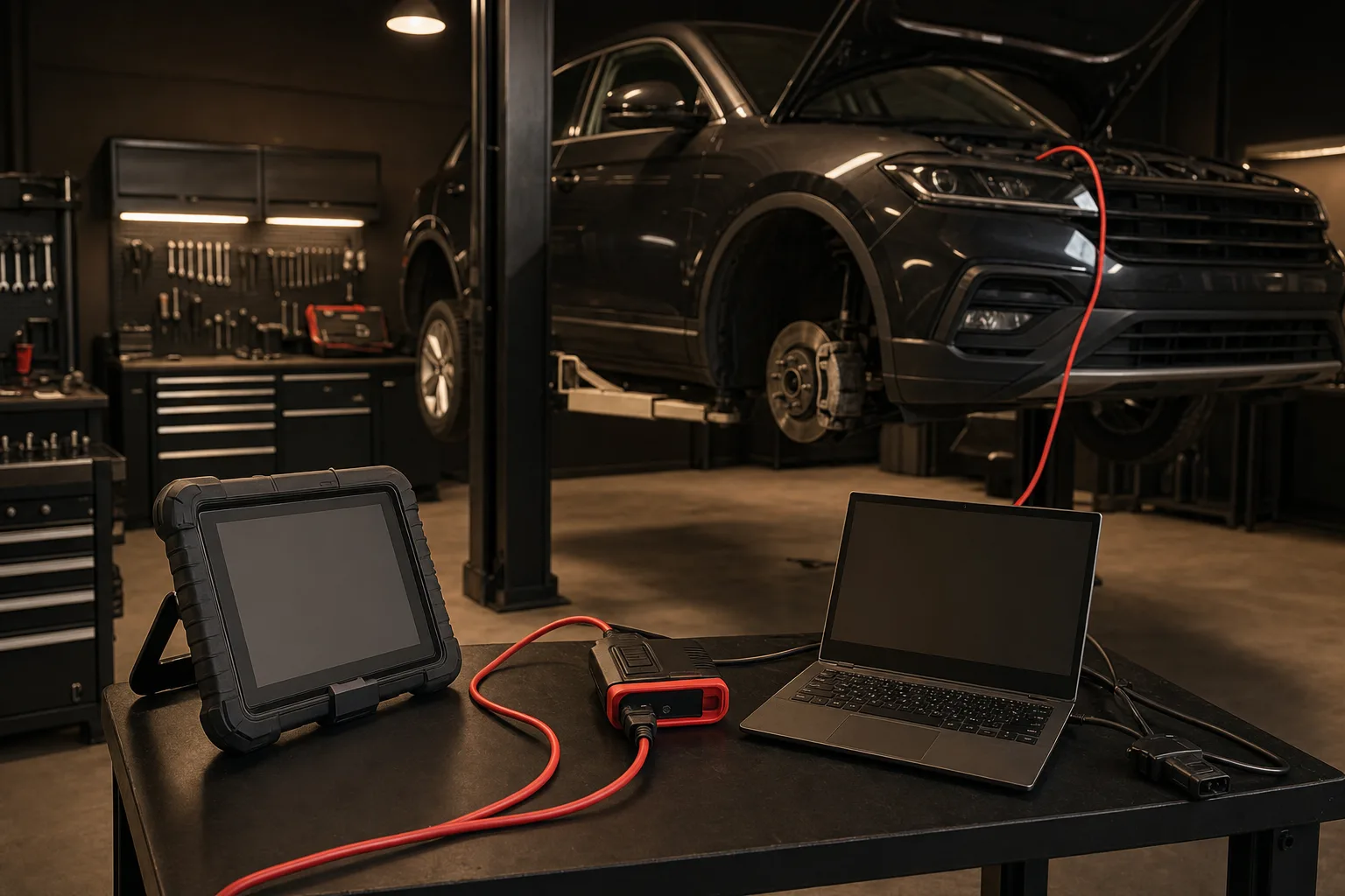 Diagnostic bay at weatheringx with scan tools connected to a vehicle on a lift, 1200x800