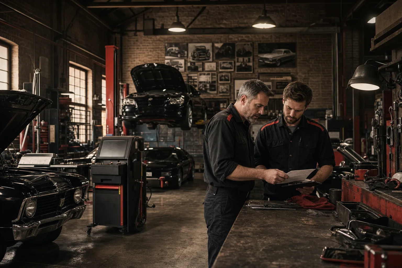 Interior of weatheringx automotive workshop with service bays and diagnostic equipment, 1920x1080
