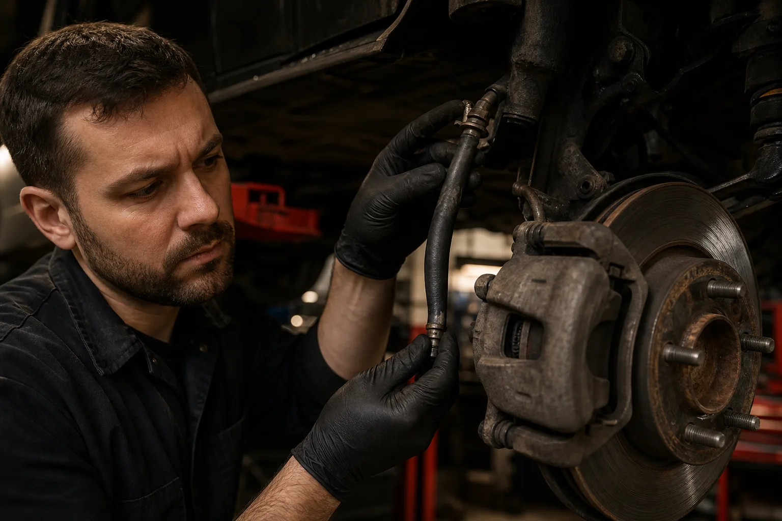 Technician inspecting a swollen flexible brake hose on a lifted vehicle, 1200x675