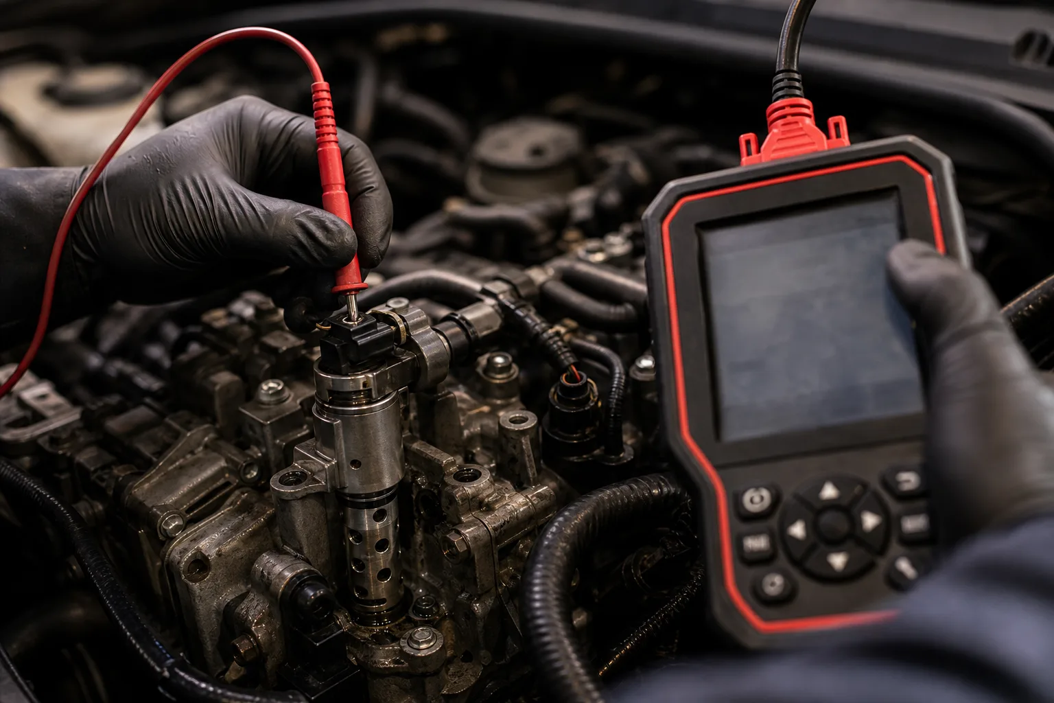 Close-up of oil control valve being tested with diagnostic scan tool, 1200x675
