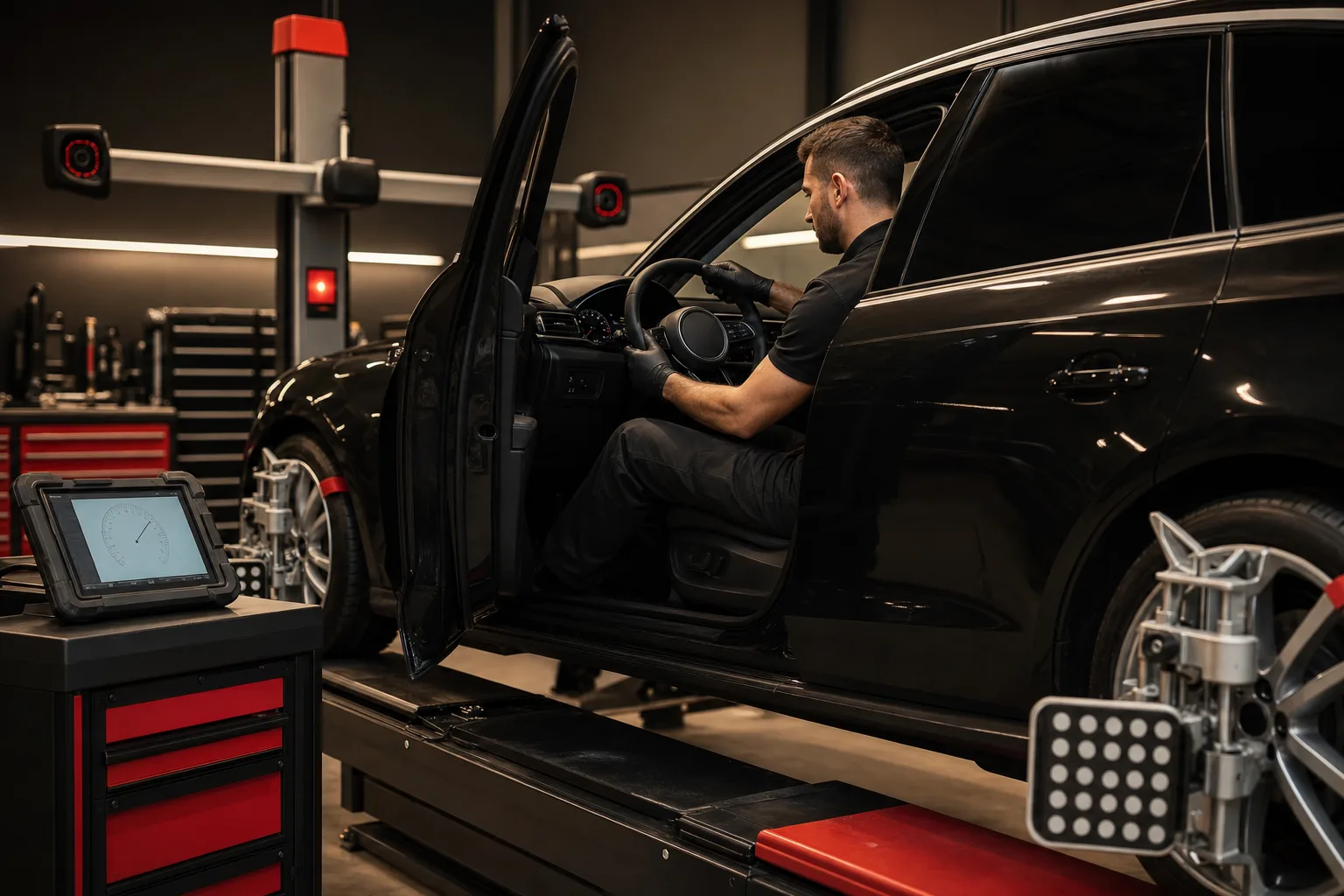 Steering angle sensor calibration procedure on vehicle alignment rack, 1200x675