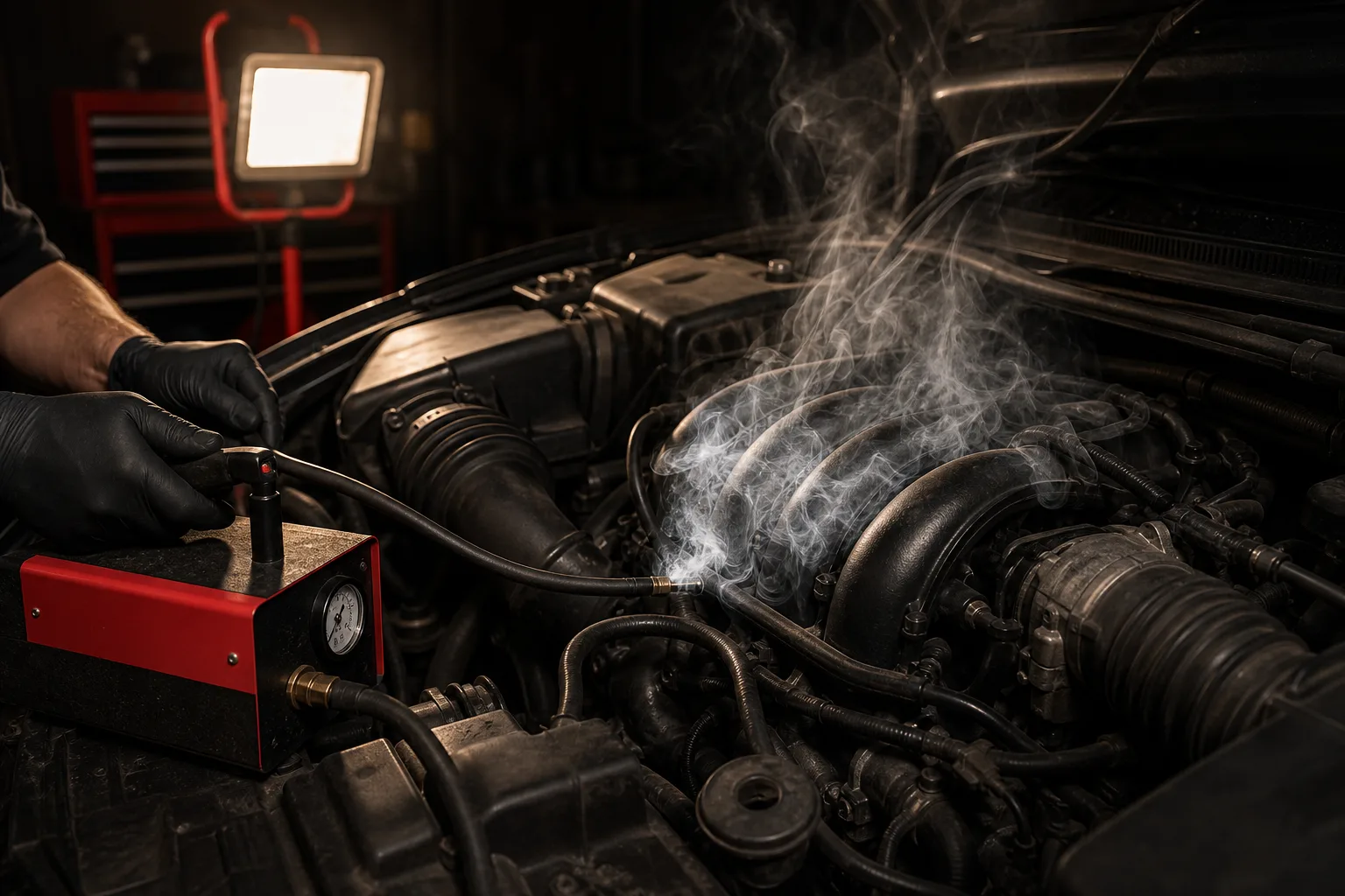 Smoke machine test revealing vacuum leak in engine intake manifold, 1200x675