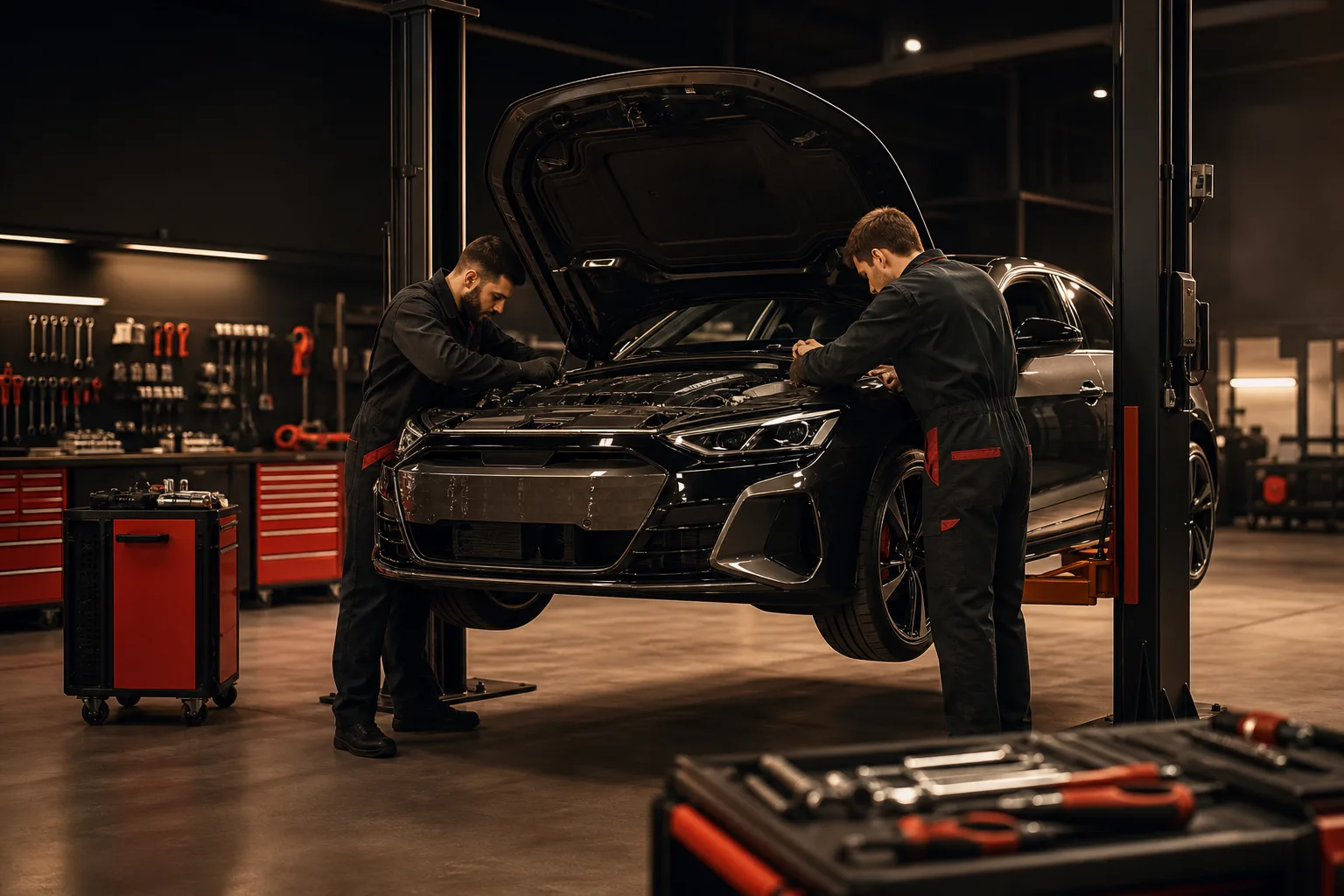 Professional automotive workshop with technicians inspecting a vehicle engine bay, 1920x1080